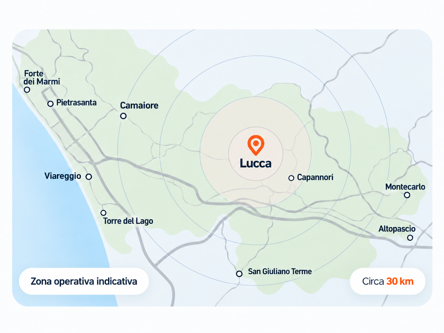 Mappa illustrata della zona operativa indicativa intorno a Lucca, con i principali comuni vicini, cerchi concentrici e indicazione di circa 30 km.